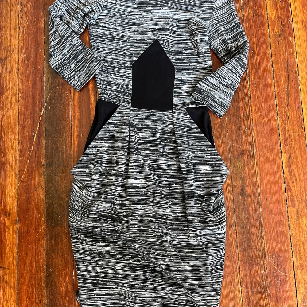 French Connection Gray Striped Long-Sleeve Stretchy Fitted Dress with Pockets!